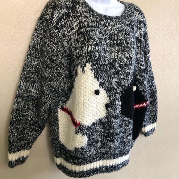 Vtg COLLAGE By Hand Chunky Knit Black/White Scotty Dogs Crew Neck Sweater Size L - Picture 4 of 9